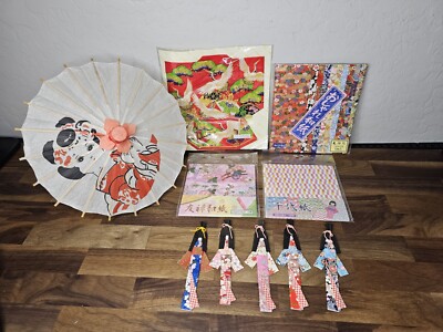 Lot Of Japanese Origami Paper Dolls, Kimono Handkerchief, Paper, Bamboo Umbrella