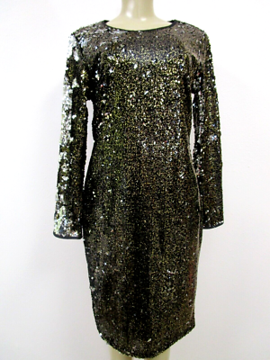 Sequin Dress Tahari Black Gold Long Sleeve Shift Style Size 10 NEW | eBay