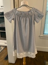 Loft Beach Blue & White Ticking Stripe Dress With Lace Bottom, Seeraucker Sz. XS