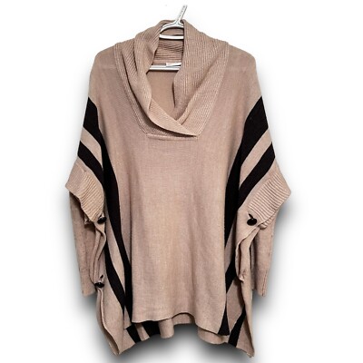 RD Style Tan Black Button Side Calandri Poncho Sweater Long Sleeve Cowl Neck Sml