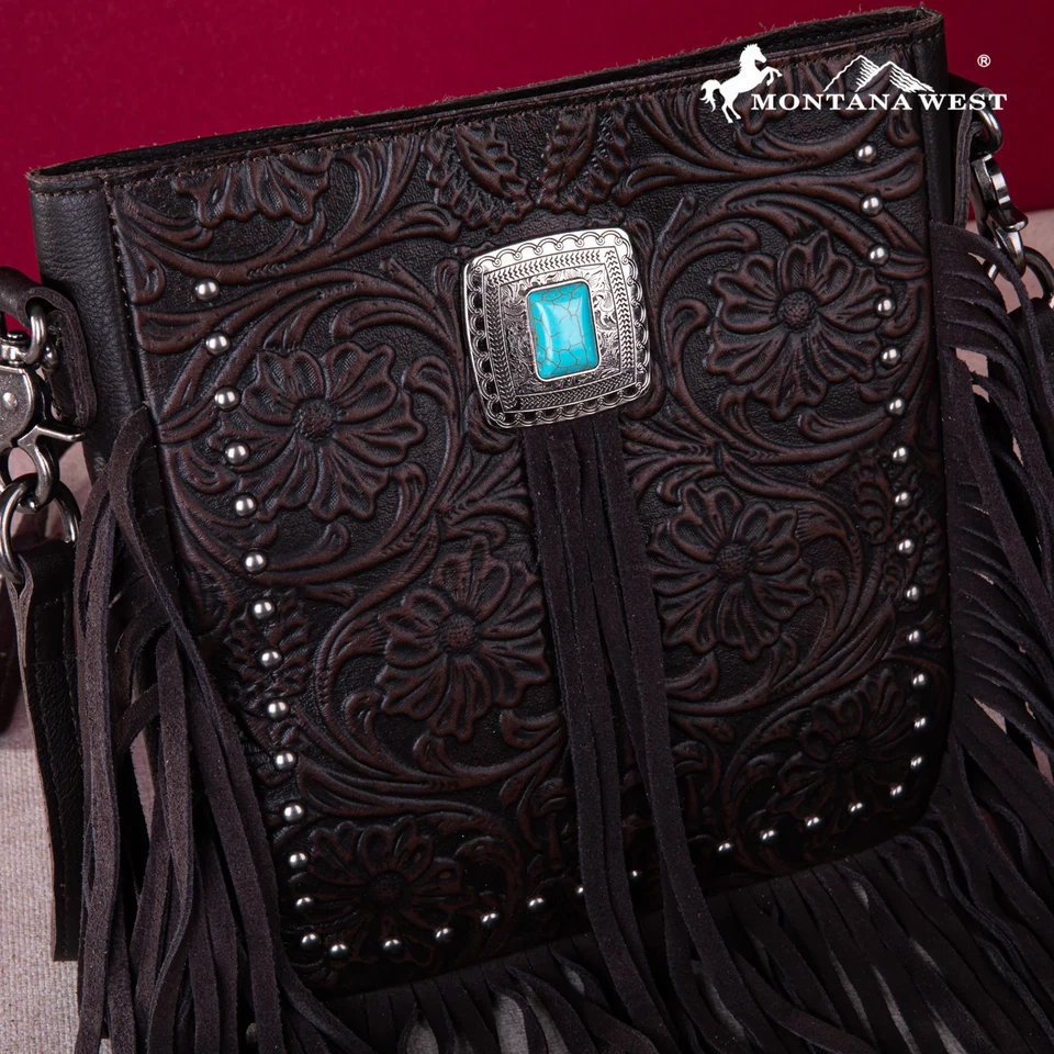 Montana West Genuine Leather Tooled Silver Turquoise Concho Fringe Crossbody CF - Image 3 of 4