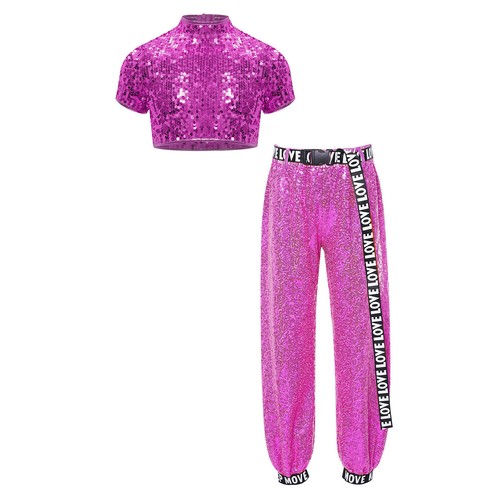 Kids Girls Suits Hip Hop Set Sparkly Outfit Short Sleeve Crop Top Mock Neck - Picture 33 of 81