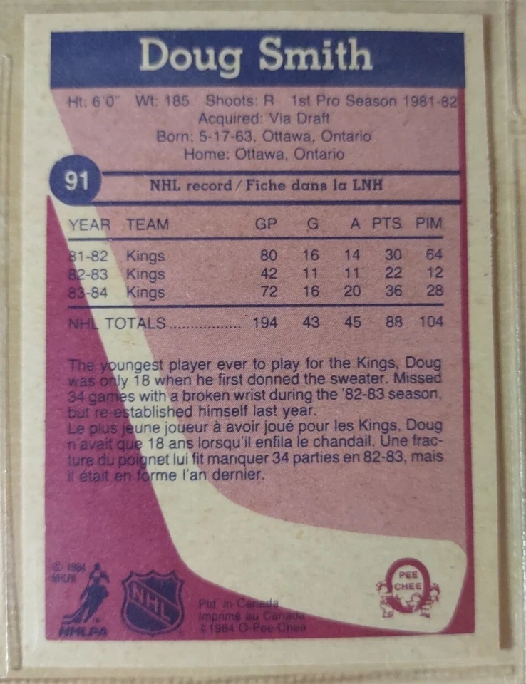 1984 O-Pee-Chee OPC NHL Doug Smith #91 Kings - Image 2 of 2