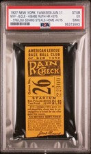 1927 BABE RUTH 2 HR’s #375-376 LOU GEHRIG STEALS HOME #4/15 TICKET YANKEES PSA 5