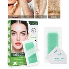 30 Facial Wax Strips For Face, Eyebrow, Chin 15 Double Sided + 8 After Wax Wipes