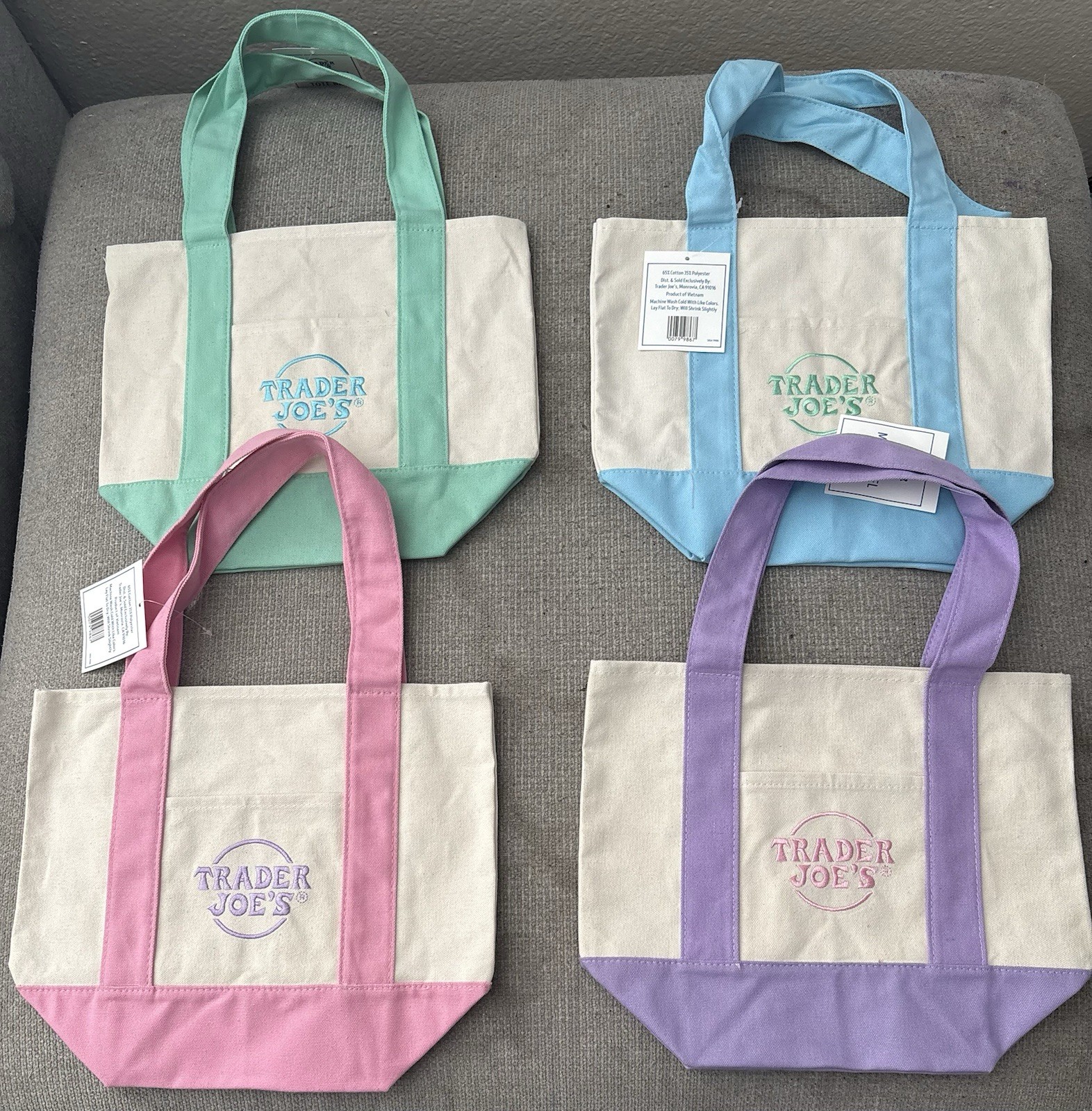 Trader Joe's Mini Pastel Canvas Tote Bag Set Of 4 Colors Limited (New With Tag)