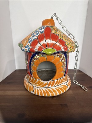 Talavera Mexican Pottery Round Multicolor Bird Feeder 8.5 H With Chain