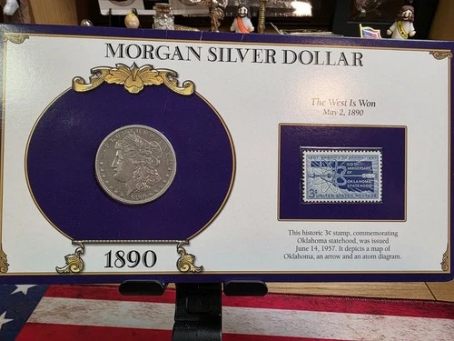 New Listing1890 Morgan Silver Dollar $1 Circulated 0.9 Fine Silver with Commemorative Stamp