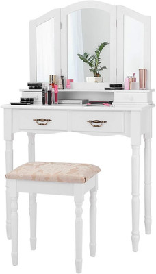 Elegant White Vanity Set with Tri-Folding Mirror, 4 Drawers & Cushioned Stool