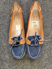 ladies clarkes shoes size 6 blue/brown flat- CG D16