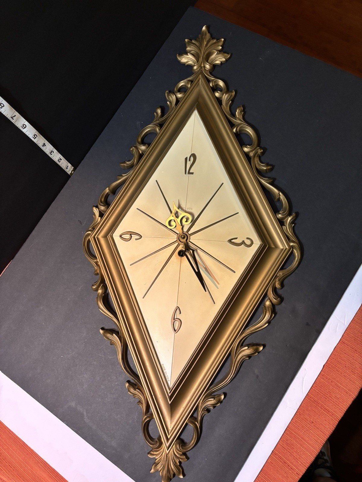 SYROCO WALL CLOCK 4180 White Gold Scroll Brass Arms 32” x 15" Plastic Not Workin