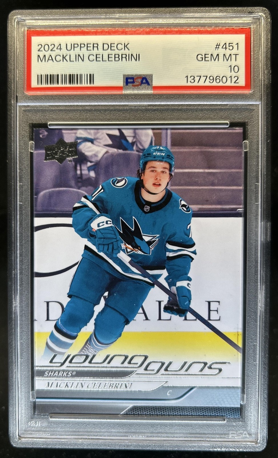 2024-25 Upper Deck Macklin Celebrini Rookie Young Guns RC #451 Sharks PSA 10