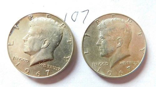 KENNEDY HALF DOLLARS, TWO COINS, 1967-P, 1967-P, 40% SILVER, ---107