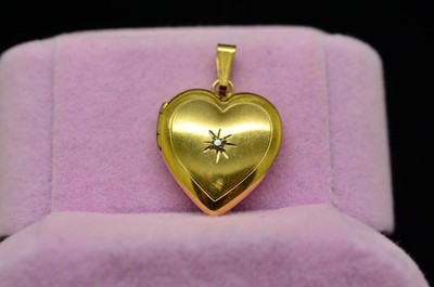 14K Yellow Gold Small Heart Shaped Locket Pendant Charm w/ Diamond
