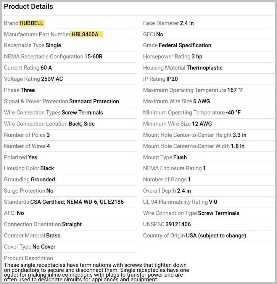 Hubbell HBL8460A Straight Blade Receptacle, 15-60R, 60 A, 3-Pole, 4-Wire, 250vac - Image 3 of 4