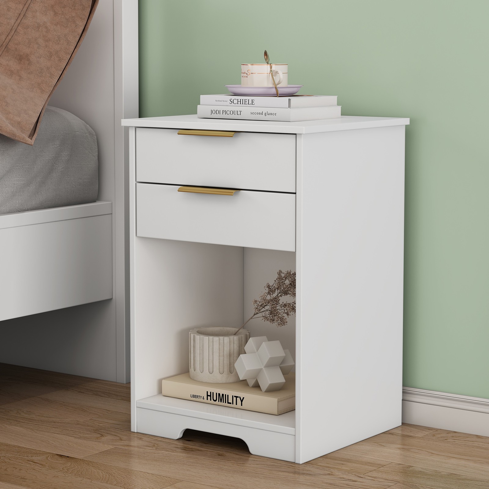 White Nighstand With 2 Drawers Easy Assemble End Table Open 