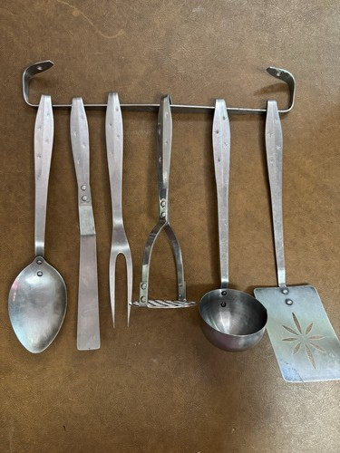 MCM Atomic Starburst Regent Sheffield Serving Utensil Set Of 6 Plus Wall Rack