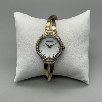 Armitron Womens Watch White MOP Gold Tone Crystal Bangle New 