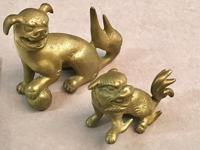 Vintage/Antique Chinese Brass Foo Dogs Paperweights -set Of 2.
