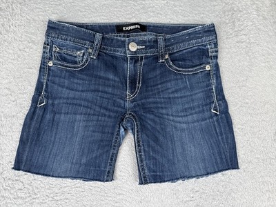 Express Denim Shorts Women 4 Blue Cutoff Raw Hem Stretch Embroidered Pockets 30W
