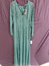 New Adrianna Papell Long Sleeve Beaded Gown – Size 12 (Color: Green Slate)