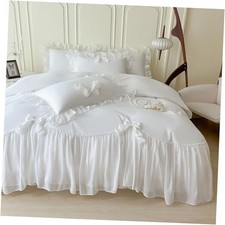 Ruffled Bedding Bow Duvet Cover Set with Butterfly Tie, Soft Queen White