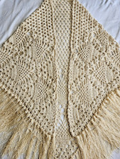 Handmade Crochet Triangle Shawl Wrap Ivory Fringe Boho Lace Festival New