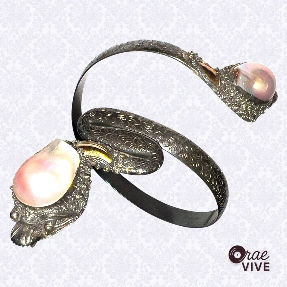 Brazalete de dragón Naga tailandés vintage de plata de ley 925 con perla barroca Foto 3 de 4