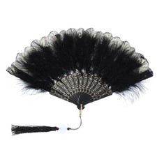 Embroidered Flower Marabou Feather Fan, 1920s Vintage Folding Handheld Fan Ch...