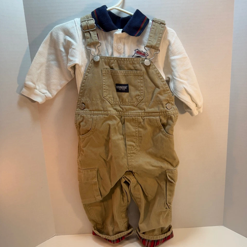 OshKosh B'gosh Baby Junge 12 Monate hellbraun Overall Hemd Set kariert Borte Vintage