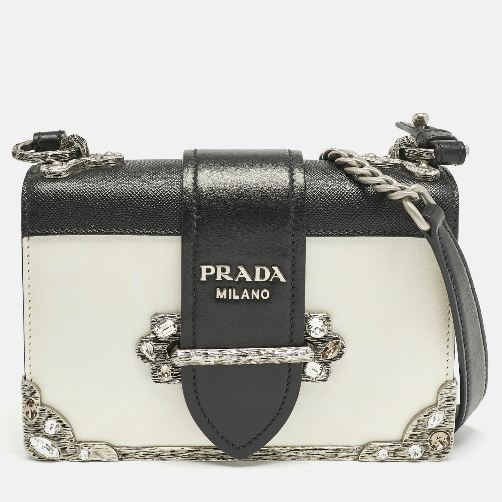 Prada White Black Saffiano Leather Crystal Embellished Cahier Crossbody Bag