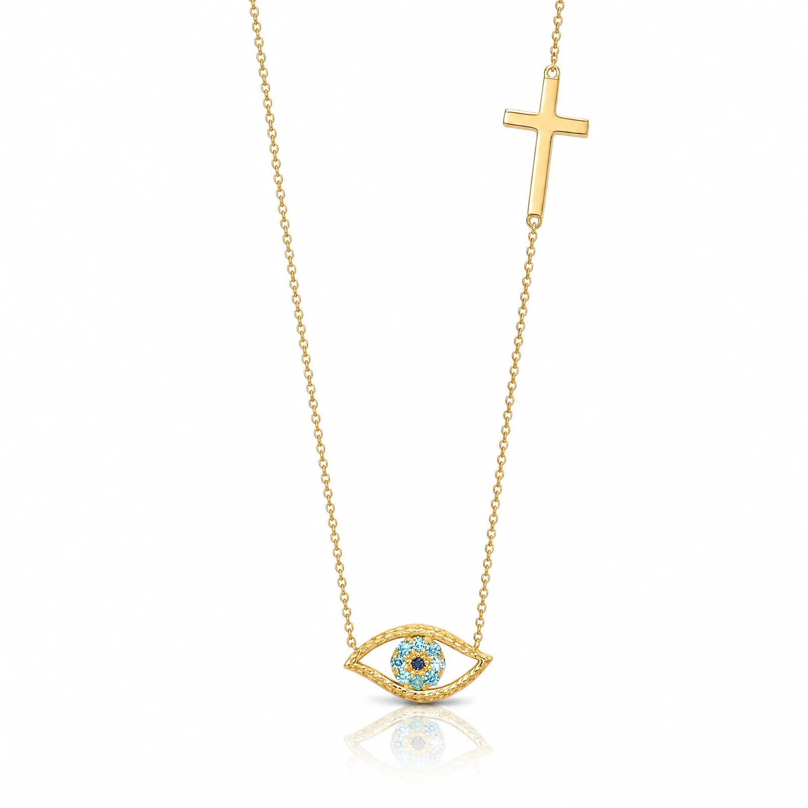 14K Yellow Gold Polished CZ Evil Eye And Cross 18in With 2in Ext. Necklace