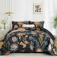 King Size Quilts Black, 3 Pieces Boho Floral Bedspread Bedding for King Size Bed