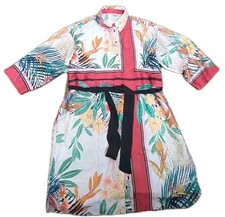 Zara Floral Satin Shirt Dress Large Pink Kimono 3/4 Sleeves Waist Tie Feminine