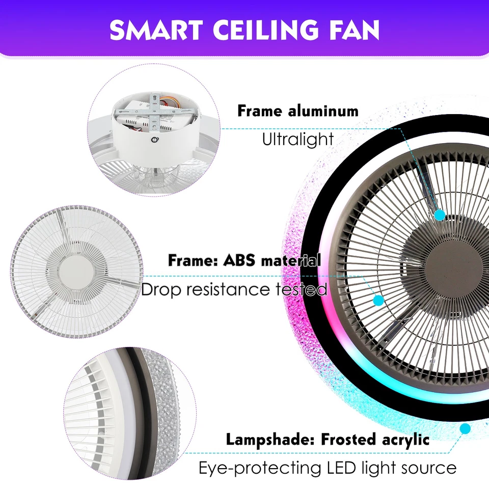 RGBCW Ceiling Fan with Lighting LED Modern Light Adjustable Wind + Remote 6Speed - Image 3 of 4