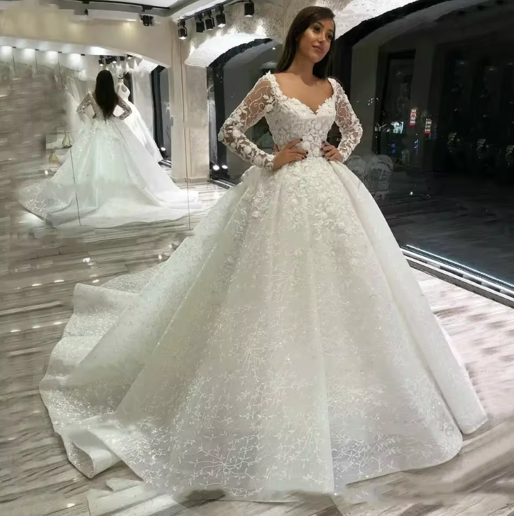 Luxury Lace Wedding Dresses Long Sleeves robe de mariage Beaded Appliqued |  eBay