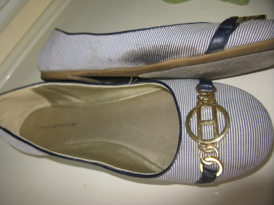 Sapatilhas de balé Tommy Hilfiger femininas barista tamanho 8,5 M listradas azuis brancas - Imagem 3 de 4