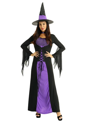 Women's Halloween Wicked Witch Theme Cosplay Costume Outfit Purple Classic Dress - Imagen 5 de 45