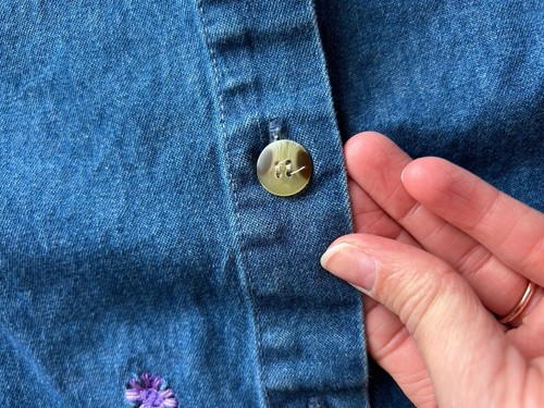 Vintage Carolina Bay Cotton Denim Lavender Embroidered Overall Button Down Dress M - Bild 10 von 10