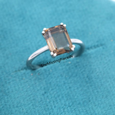 925 Sterling Silver Ring Natural Smokey Quartz Emerald Cut Ring, Promise Ring