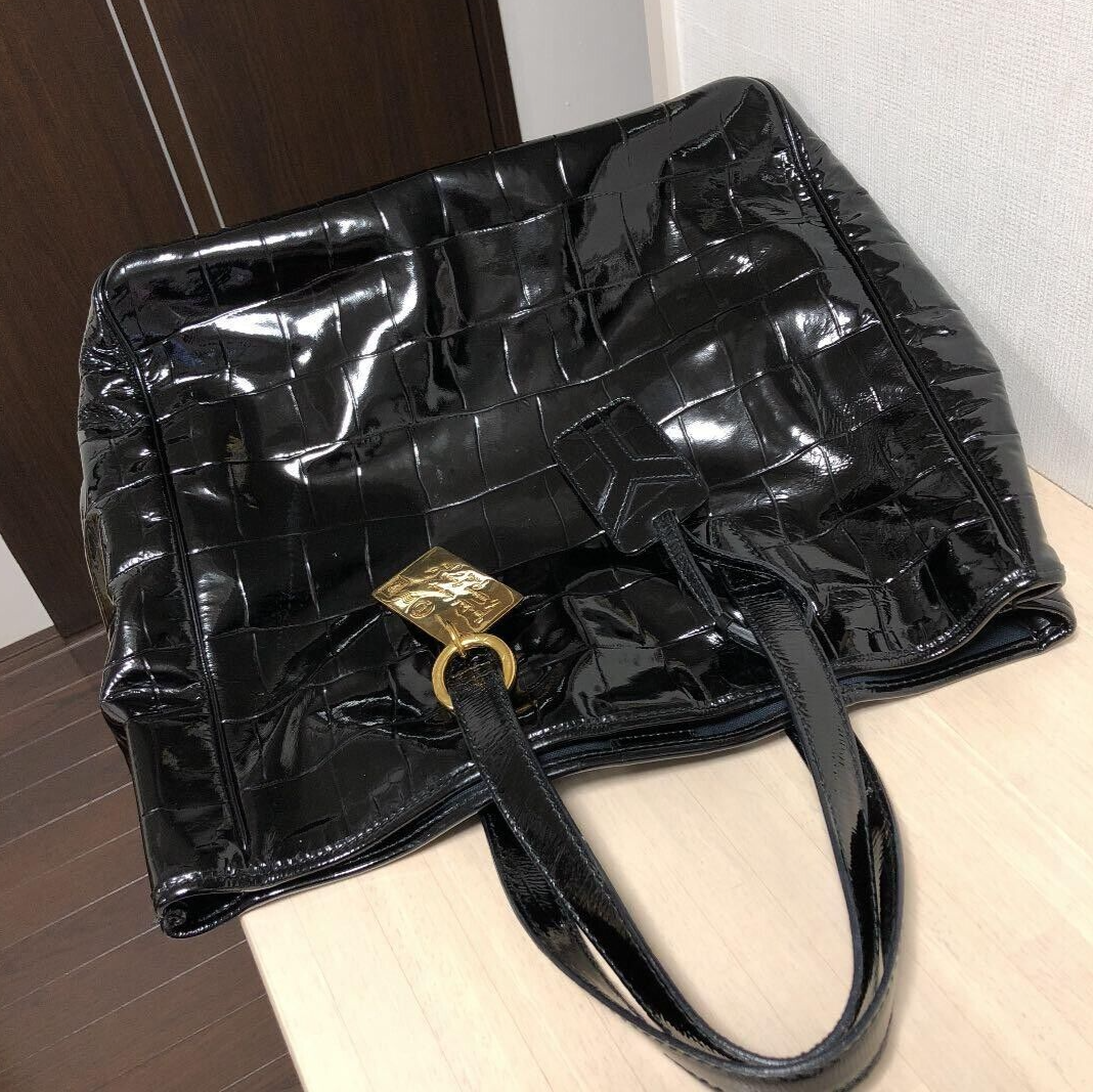 Borsa tote Yves Saint Laurent Y mail nera oro in pelle verniciata con scatola portaoggetti