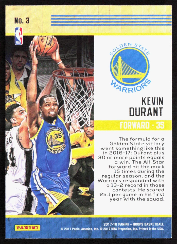 2017-18 Panini NBA Hoops Kevin Durant Team Leaders #3 Golden State Warriors - Image 2 of 2