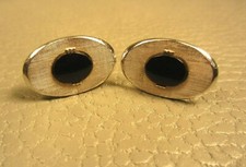 Vintage Onyx Brushed Finish White Gold Plated Cuff Links