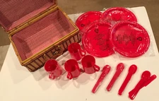 Wicker Picnic Basket Plastic Set of 4 Red Plates, Cups and Utensils