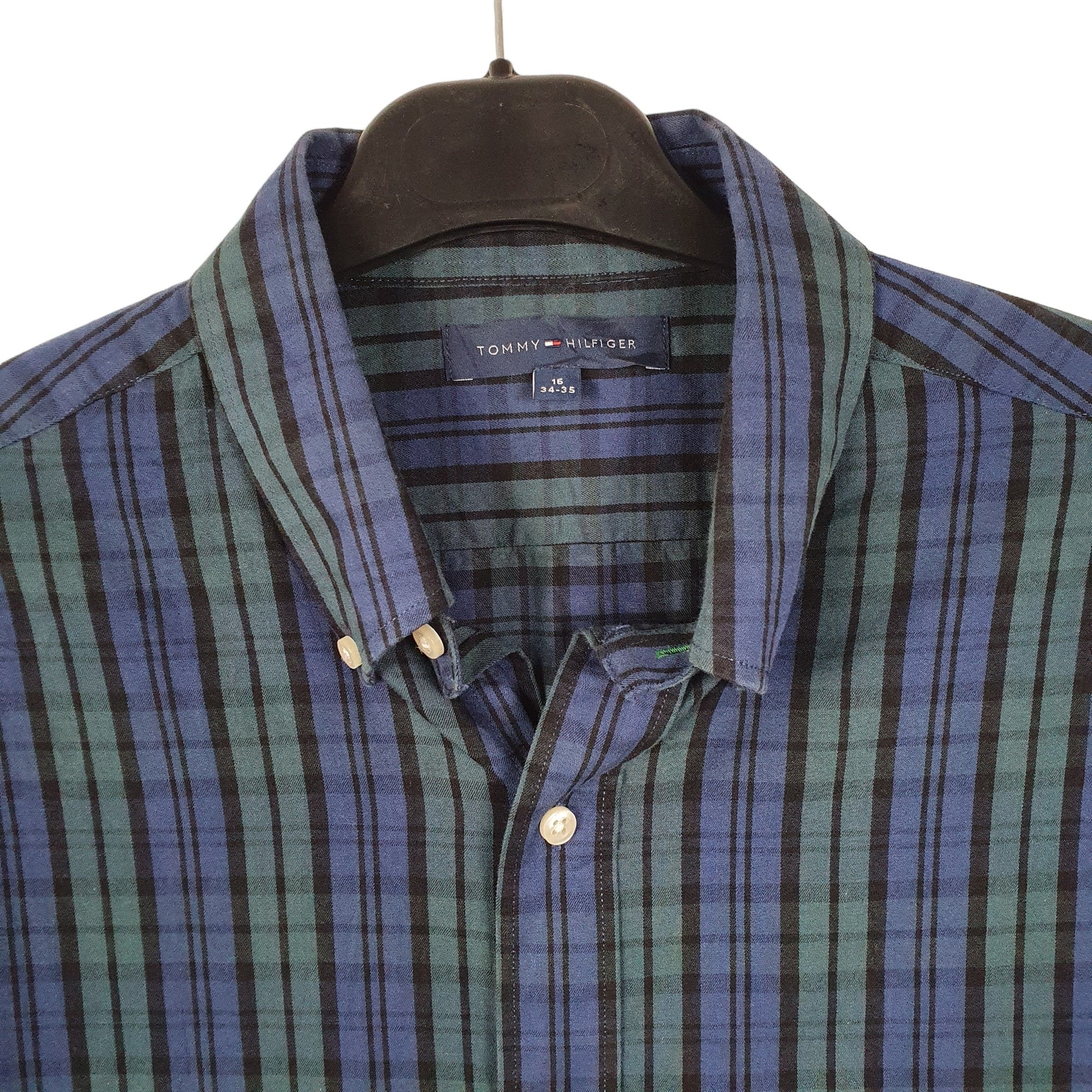 TOMMY HILFIGER Navy Check Shirt Slim Fit Long Sleeve Casual Mens M image 2