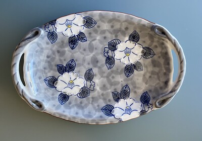 Beautiful Floral Hand painted Oval Serving Dish Plate w/ Handles Made In Japan