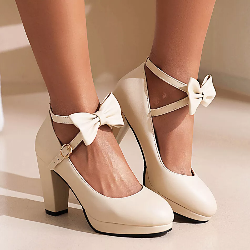 Women's Mary Jane Block Pumps Bow Cross Ankle Strap High Heel Dress Office Shoes