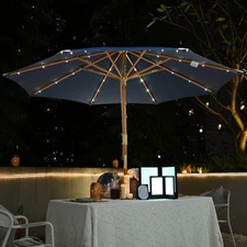 LAGarden Boho 32 LED 9Ft Wood Market Patio Umbrella with Solar Lights