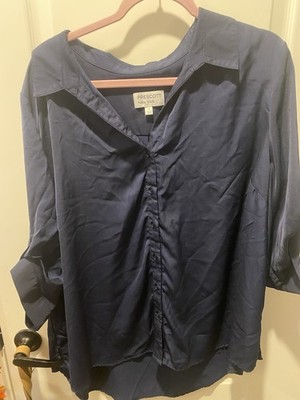 Prescott New York Plus Size 3X Navy Solid Collared Button-Up 3/4 Sleeve Blouse