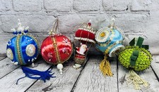 Vintage Handmade Lot 5 Satin Beaded Sequin Christmas Ornaments Colorful Mix